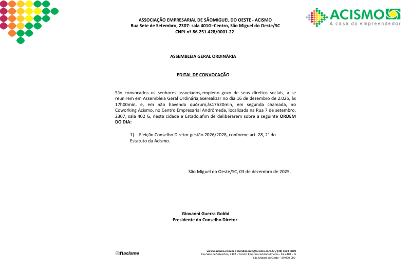 Chapa é apresentada para a eleição do Conselho Diretor da ACISMO – Gestão 2026/2028